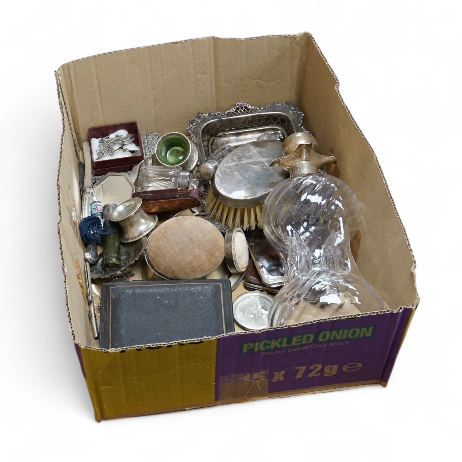 A quantity of assorted silver collectables and other items including a Victorian pieced silver dish by William Comyns & Sons, Ltd, London, 1896, 19.7cm, a silver mounted glass decanter and stopper, same maker, London, 18